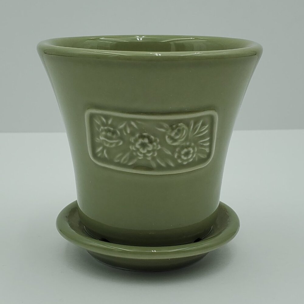 Longaberger Pottery Sage Green May Series Peony Flower Pot with Attached Saucer